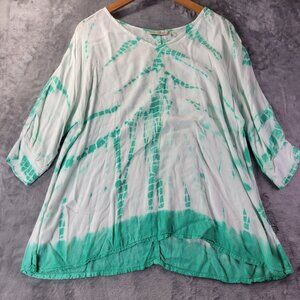 Soft Surroundings Womens Tunic Top PL Petite Green White Tie Dye Boho Artsy